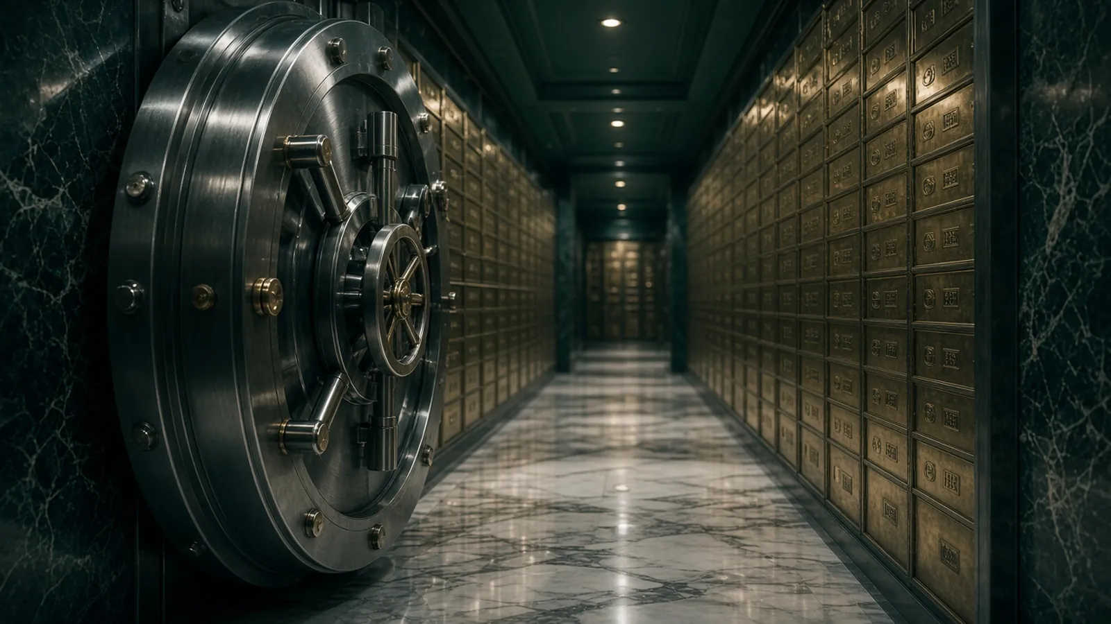 Illustration of an open round steel vault door beside a marble corridor lined with brass safe deposit boxes.